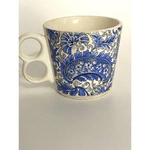 Mt Clemens Pottery MCP 60’s Blue White Paisley Two Finger Coffee Cup Mug USA